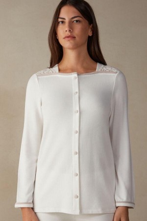 Piżama Intimissimi Romantic Bedroom Button Up Top in Modal with Wełna Damskie Białe Różowe | PL3905IS