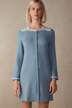 Piżama Intimissimi Romantic Bedroom Button Up Night Shirt in Modal with Wełna Damskie Głęboka Niebieskie | PL3836MA