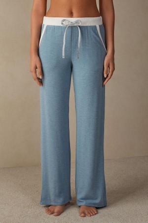 Piżama Intimissimi Romantic Bedroom Contrast Trim Full Length Pants in Modal with Wełna Damskie Głęboka Niebieskie | PL4008OR