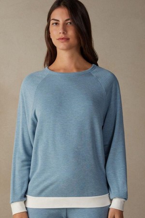 Piżama Intimissimi Romantic Bedroom Contrast Trim Top in Modal with Wełna Damskie Głęboka Niebieskie | PL3907YU