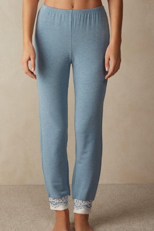 Piżama Intimissimi Romantic Bedroom Cuffed Full Length Pants in Modal with Wełna Damskie Głęboka Niebieskie | PL4007PQ