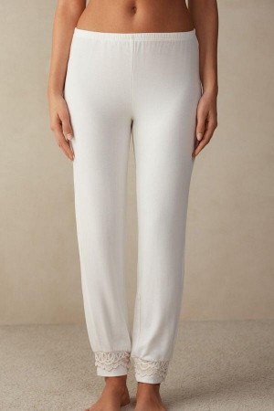 Piżama Intimissimi Romantic Bedroom Cuffed Full Length Pants in Modal with Wełna Damskie Białe Różowe | PL4006AP