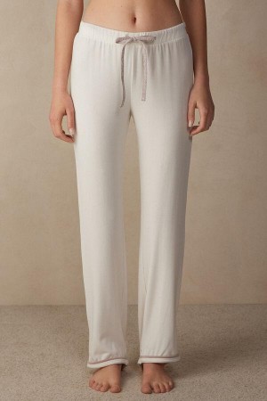 Piżama Intimissimi Romantic Bedroom Full Length Pants in Modal with Wełna Damskie Białe Różowe | PL4005SO