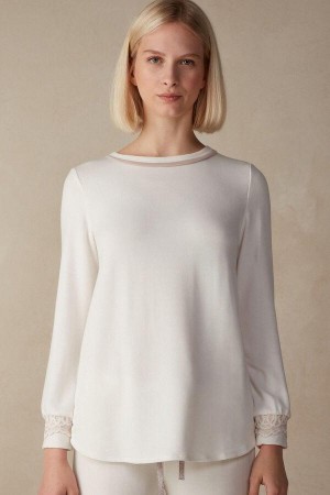 Piżama Intimissimi Romantic Bedroom Top in Modal with Wełna Damskie Białe Różowe | PL3904OR