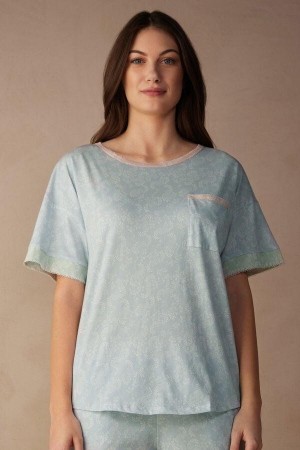 Piżama Intimissimi Romantic Cashmere Krótkie Sleeve Bawełniane Top Damskie Głęboka Niebieskie | PL3956OR