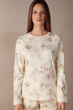 Piżama Intimissimi Scent of Roses Long Sleeve Bawełniane T-shirt Damskie Kolorowe Białe | PL3923HK