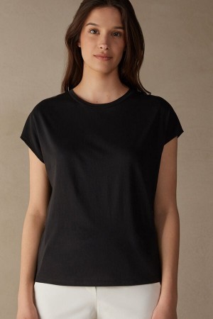 Short Sleeve Intimissimi Crew Neck Top in Supima® Ultrafresh cotton Damskie Czarne | PL4198WY