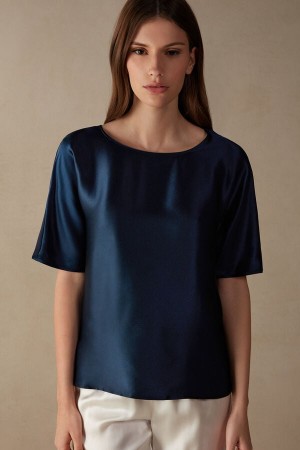 Short Sleeve Intimissimi Silk and Modal Top Damskie Niebieskie | PL4204FM