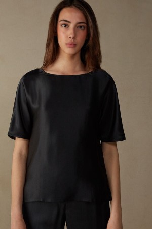 Short Sleeve Intimissimi Silk and Modal Top Damskie Czarne | PL4203GL