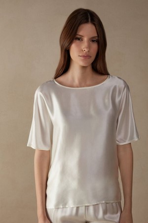 Short Sleeve Intimissimi Silk and Modal Top Damskie Białe | PL4202HK