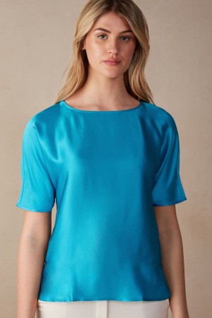 Short Sleeve Intimissimi Silk and Modal Top Damskie Turkusowe | PL4195TV