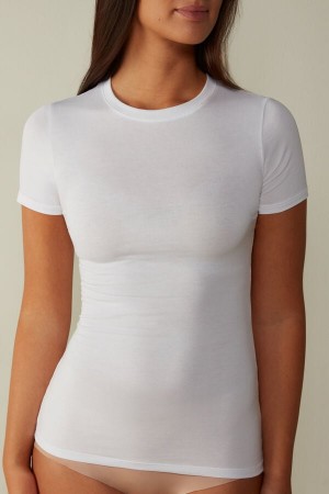 Short Sleeve Intimissimi Stretch Supima® Bawełniane Top Damskie Białe | PL4209HK