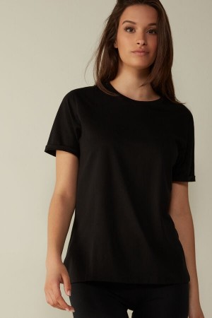 Short Sleeve Intimissimi Supima® Bawełniane Top Damskie Czarne | PL4210GL