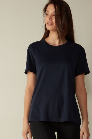 Short Sleeve Intimissimi Supima® Bawełniane Top Damskie Niebieskie | PL4206SO