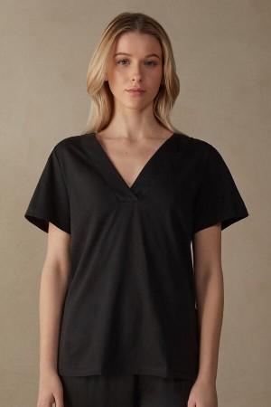 Short Sleeve Intimissimi V-neck Top in Supima® Ultrafresh Bawełniane Damskie Czarne | PL4199QZ